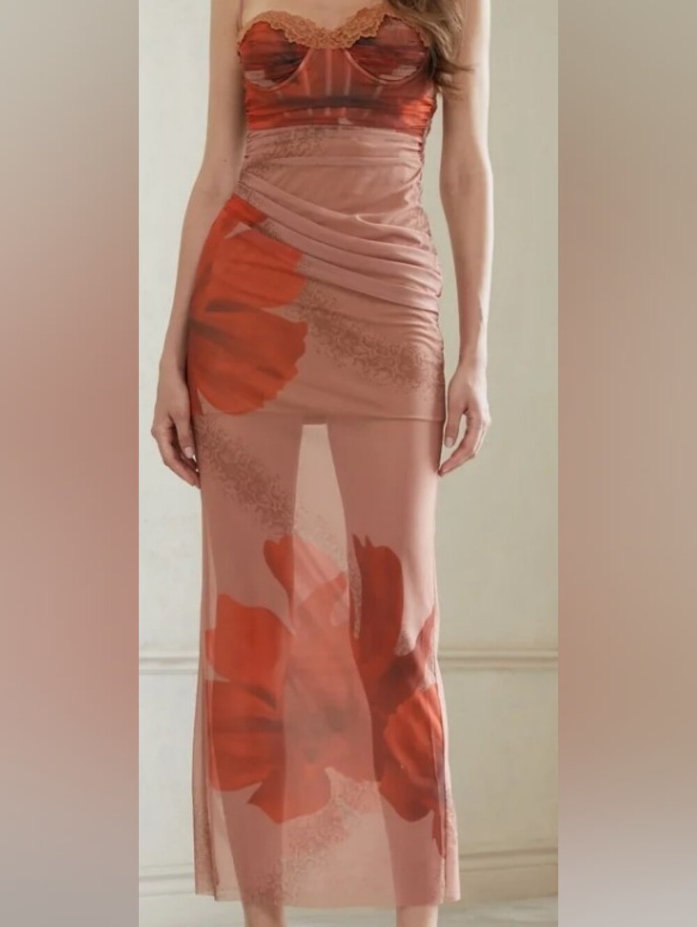 Sheer Rose-Tan Floral Maxi Skirt - Women